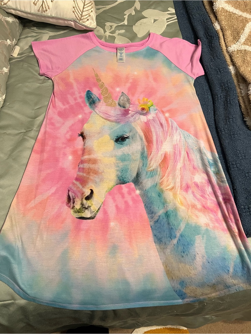 The Children's Place Unicorn Tie-Dye Nightgown with Pink Sleeves girls XXL 16